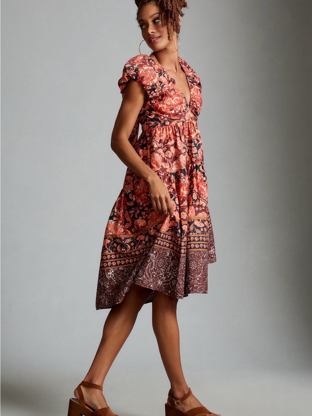Anthropologie Deep V Babydoll Midi Dress Floral Puff Sleeve Size 6